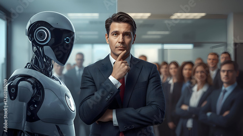 Thoughtful executives considering implementing new ai technology in their organizations. serious leader contemplates future of business and automation with robot