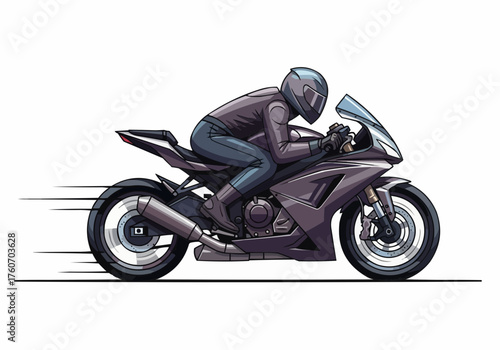 Illustration of a motorcyclist in full gear riding a sport bike at high speed.