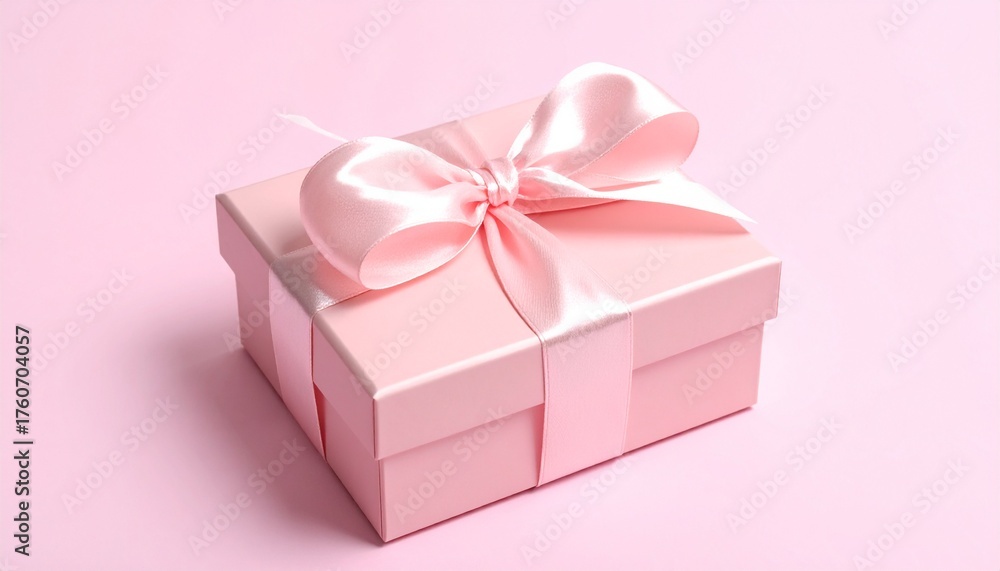 Fototapeta premium Elegant pink gift box with satin ribbon bow on a soft pastel background, perfect for celebrations, holidays, and special occasions.