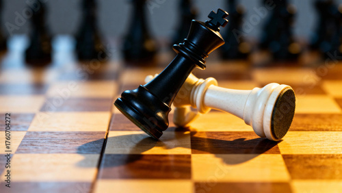 Black and white chess kings toppled on a wooden chessboard, symbolizing defeat or end of a game
