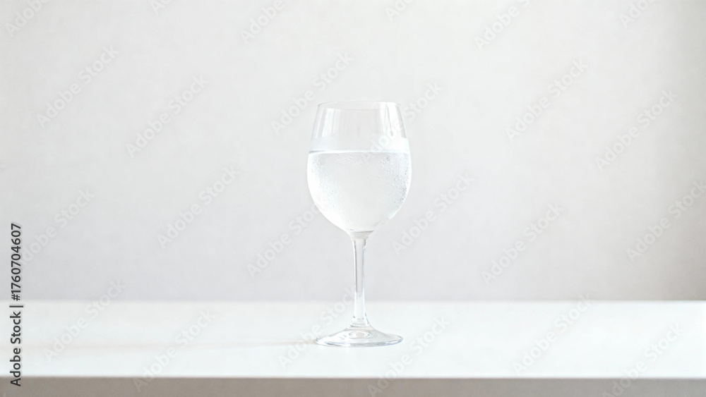 Fototapeta premium A clear wine glass filled with water placed on a white surface against a neutral background