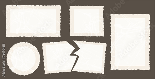 Old Scratched Torn Paper frames and ripped note shapes, photography Set. Distorted Retro Texture Jagged Rectangle, Square and Circle. Vector illustration. Isolated Aged empty vintage sheet. Not AI