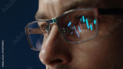 Bild auf Leinwand close up of professional trader closely monitors financial analytics, with forex and stock market charts reflected in his eyeglasses, assessing crypto market movements