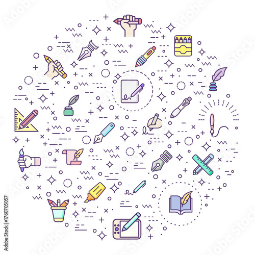 Simple Set of Pen and Pencil Related Vector Line Illustration. Contains such Icons as quill pen, marker pen, stationery, writing, literature, pen nib symbols And Other Elements.