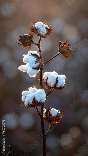 Cotton bolls backlit by golden light