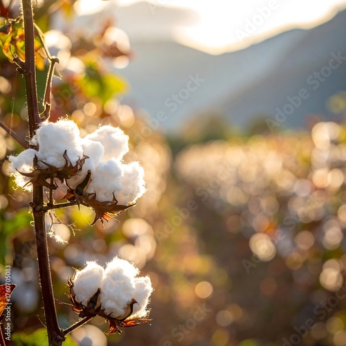 Cotton bolls in sunlight on a farm