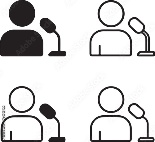 Isolated Speaking Icon Set, Black Vector Pixel Style, Microphone and Person Symbol, Public Talk and Presentation Design, Minimal Speaking Icon, Communication and Speech Vector for Buyers