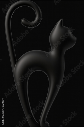 A 3D minimalist black cat sculpture with smooth contours and a gracefully curled tail, radiating mystery, sophistication, and modern artistic beauty.