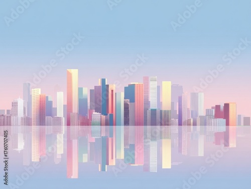 Minimalist Cityscape Reflection Illustration Soft Urban Skyline Pastel Colors Water Reflection