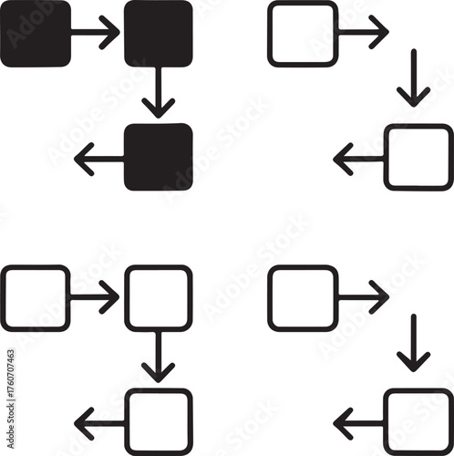 Isolated Workflow Icon Set, Black Vector Pixel Style, Chart and Process Arrow Symbol, Management and Productivity Design, Minimal Workflow Icon, Task and Business Planning Vector for Buyers