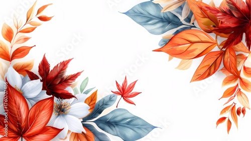 Autumn leaves and flowers watercolor creating border design