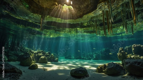 Underwater cave with sunlight streaming through, illuminating rocks and aquatic life in a serene setting