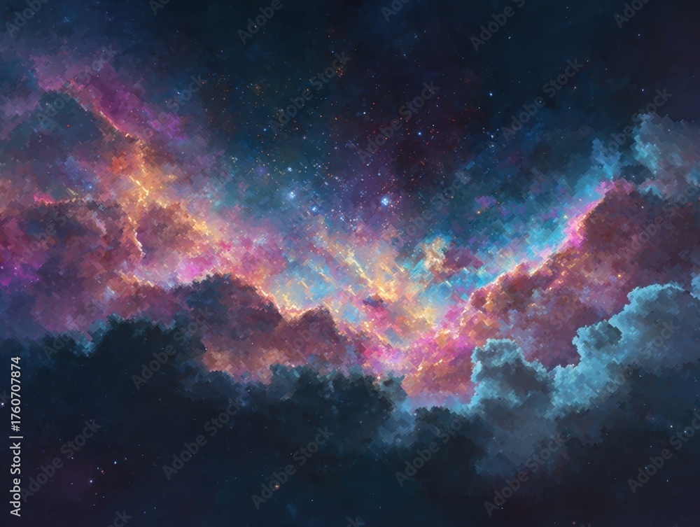 Fototapeta premium Pixelated Cosmic Cloudscape, Stylized Vibrant Nebula Starfield, Abstract Digital Art Galactic View, Modern Space Scene Background