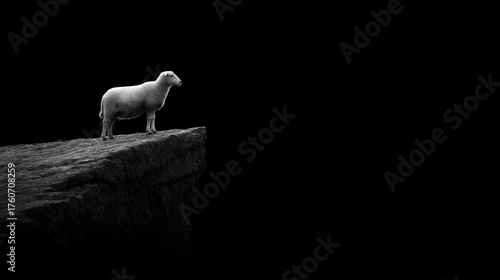 A lone sheep stands on a cliff's edge against a stark black backdrop, pondering