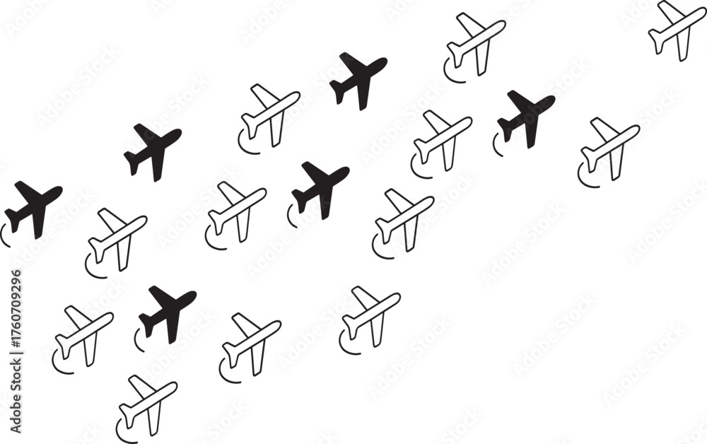 Naklejka premium Aircraft Icon Set, Airplane Flight Symbol, Aviation and Travel Concept, Minimal Vector, Black and White Outline and Filled Style, Isolated Design for Transport and Logistics Projects