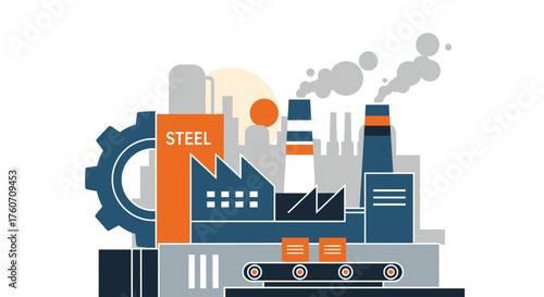 Flat vector illustration of heavy industry steel factory production and pollution