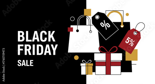 Black Friday Sale graphic with abstract shopping bags gifts and price tags
