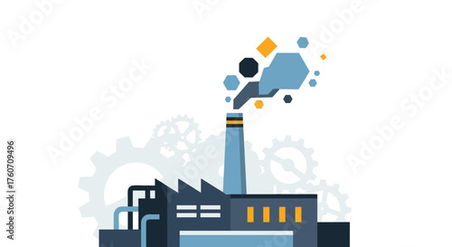 Industrial factory production icon with chimney gears and geometric smoke