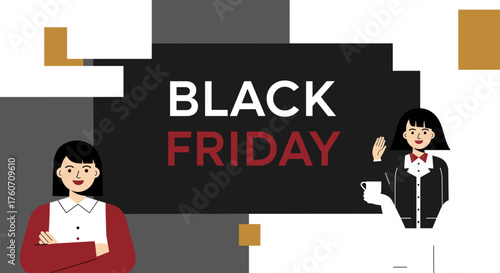 Black Friday sale banner illustration with businesswomen ready for shopping deals