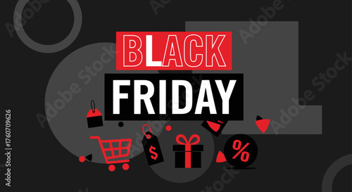 Black Friday sale banner with shopping icons and bold text on a dark background Great for advertising promotions