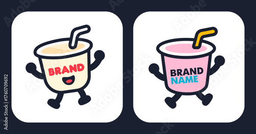 Happy Smoothie or Yogurt Drink Mascot Logo Icons - Vibrant Flat Design Characters for Beverage Company Marketing.