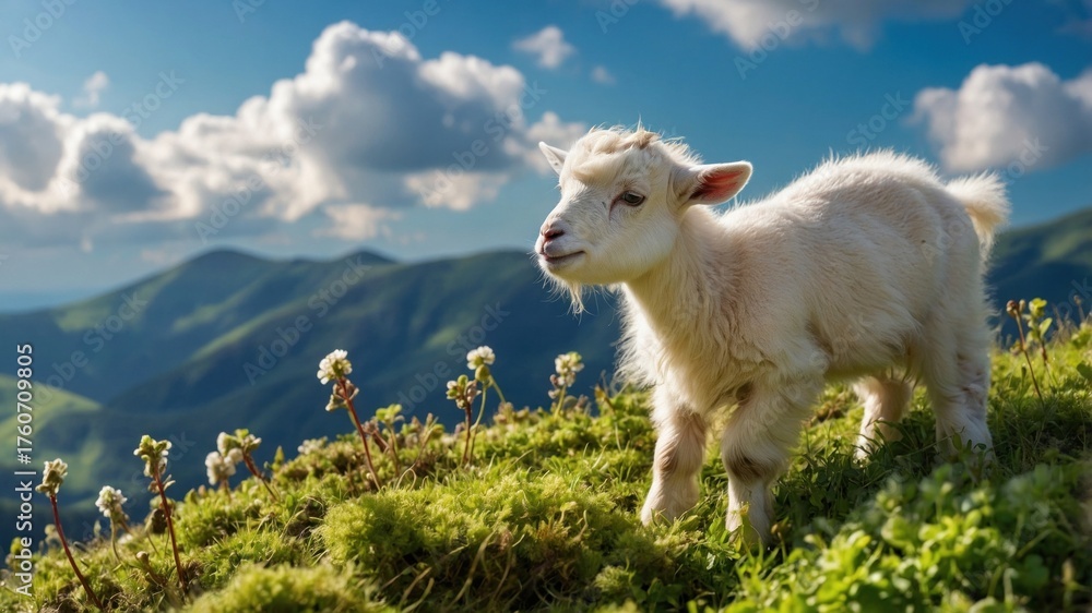 Obraz premium A playful young goat stands on a lush green hillside, with rolling mountains and clouds in the background