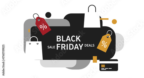 Black Friday sale deals banner illustration with shopping bags and discount tags