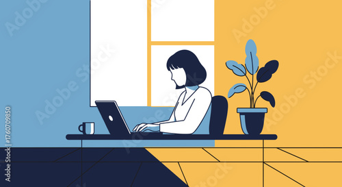 Digital illustration Woman working on laptop at home office desk Remote work and business productivity