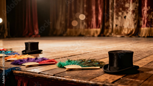 Stage with top hats and colorful fans on wooden floor, vintage theater setting