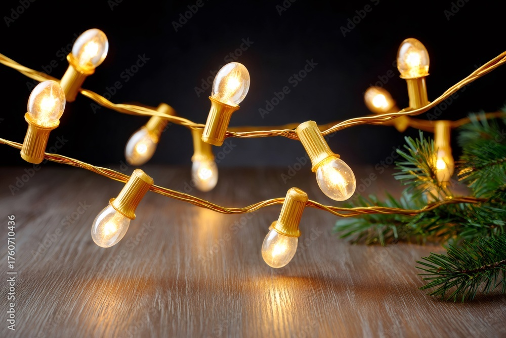 Obraz premium Glowing Christmas string lights on wooden table