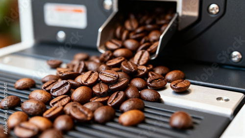 Roasted coffee beans being dispensed from a machine onto a cooling tray