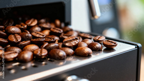 Roasted coffee beans on a metal surface of a coffee machine