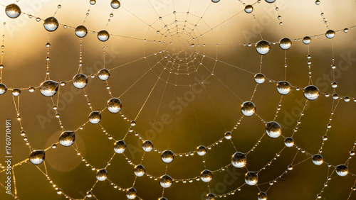 Spiderweb with dew drops illuminated by morning light