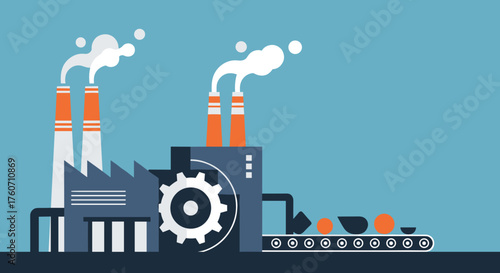 Industrial factory production illustration conveyor belt smokestacks gear and manufacturing process