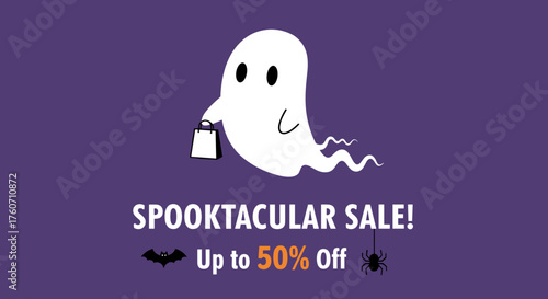 Halloween sale banner illustration Cute ghost holds shopping bag for Spooktacular savings up to 50 off
