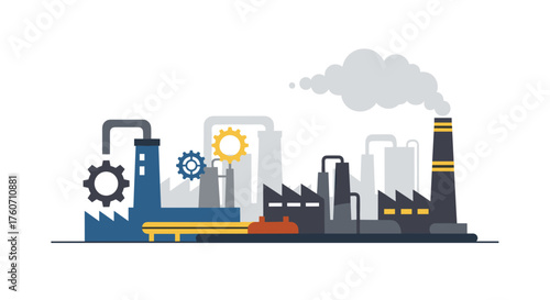 Stylized industrial factory illustration showing smoke gears and production