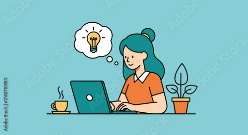 Happy woman working on laptop gets a brilliant lightbulb idea Creativity and inspiration concept