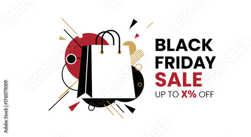 Black Friday Sale banner with shopping bag and modern abstract graphics