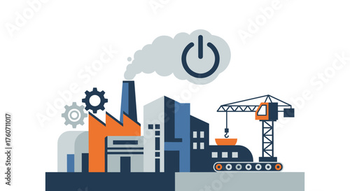 Industrial factory illustration with gears crane and power symbol in chimney smoke