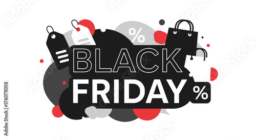 Modern Black Friday discount illustration with shopping bags price tags and sale typography
