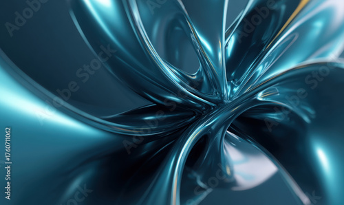 Fototapeta Naklejka Na Ścianę i Meble -  Abstract metallic flower shape with glossy blue texture on a turquoise background