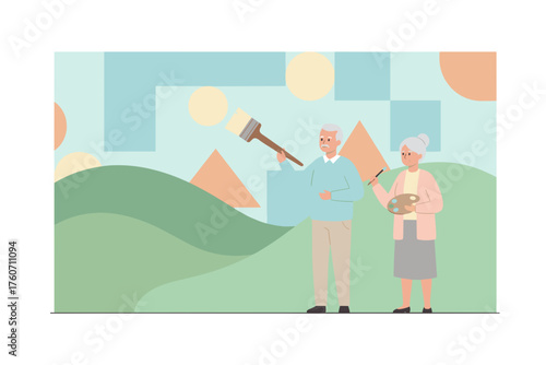 Happy elderly couple painting together enjoying creativity and an active senior lifestyle