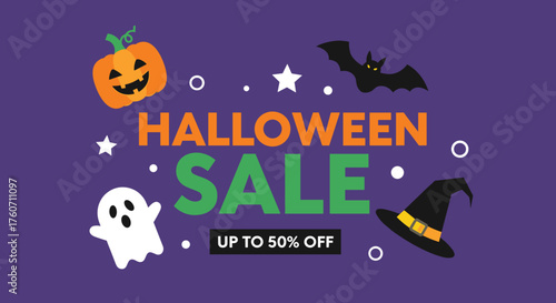Halloween Sale discount promotion background with jackolantern ghost and bat
