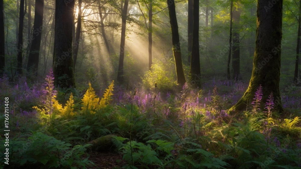 Fototapeta premium Serene forest scene with sunlight filtering through trees, illuminating vibrant wildflowers in bloom