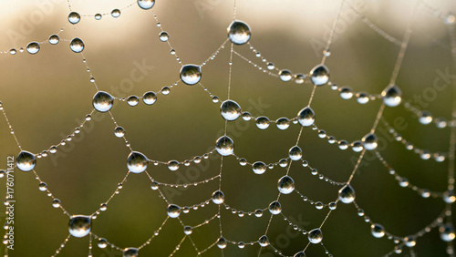 Dewdrops on a spiderweb glistening in morning light