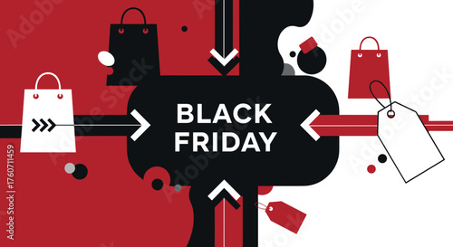 Black Friday banner with abstract shopping bags arrows and price tags for sales