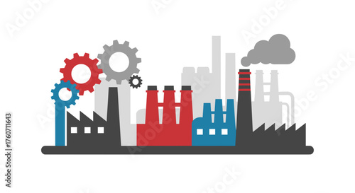 Industrial factory complex illustration with gears symbolizing production and manufacturing