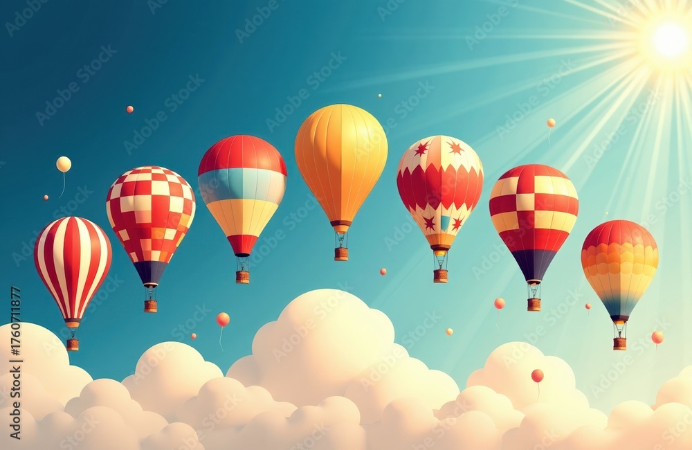 Fototapeta premium Colorful hot air balloons floating in a bright sky with fluffy clouds and shining sun
