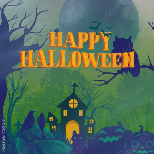 Halloween greeting card with haunted church, black cat, pumpkins, bats, owl, and dark forest in eerie green mist