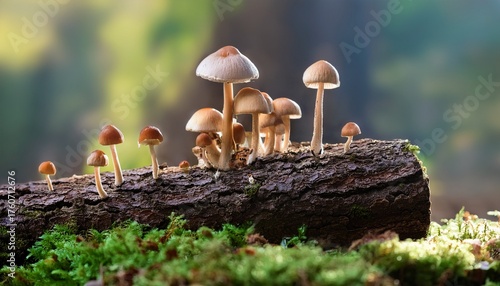 Miniature Landscape With Mushrooms Growing In A Rotting Log
